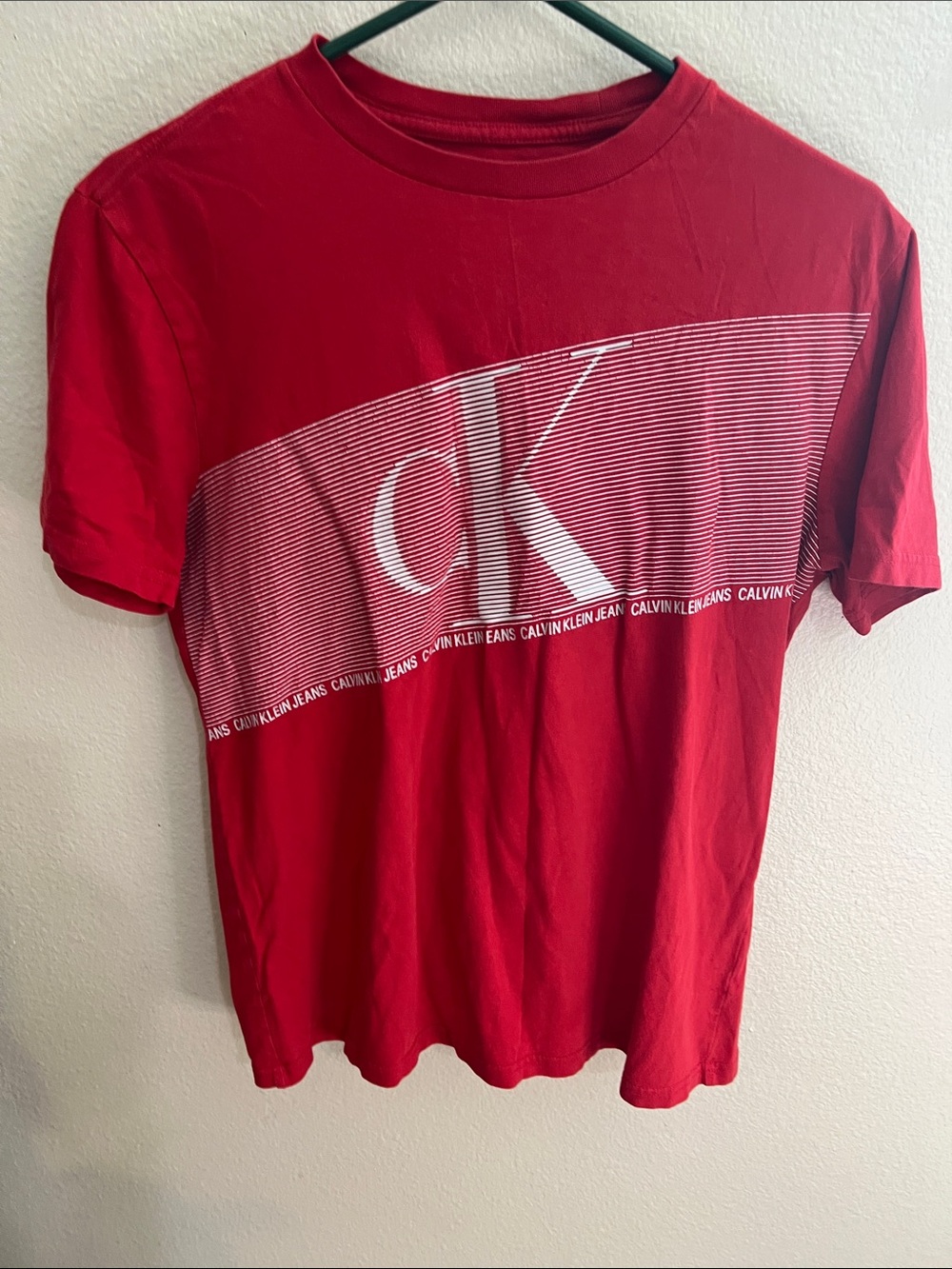 Calvin Klein Red Short Sleeve Tee with White CK Stripe Graphic